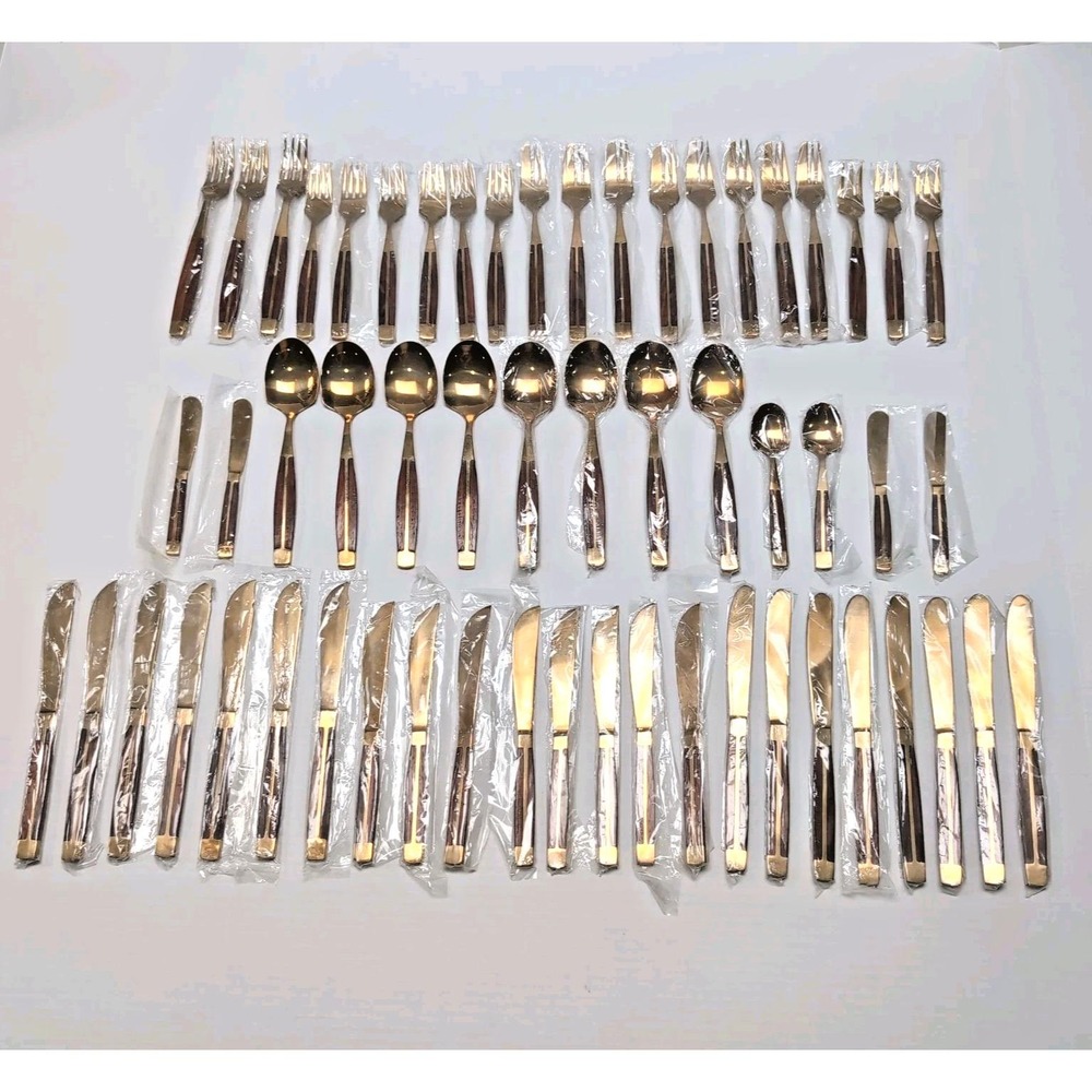 Vtg Jean Claude Brass Teak Flatware 64-Piece Incomplete Set 7 Serving Pcs & Box - Picture 2 of 16